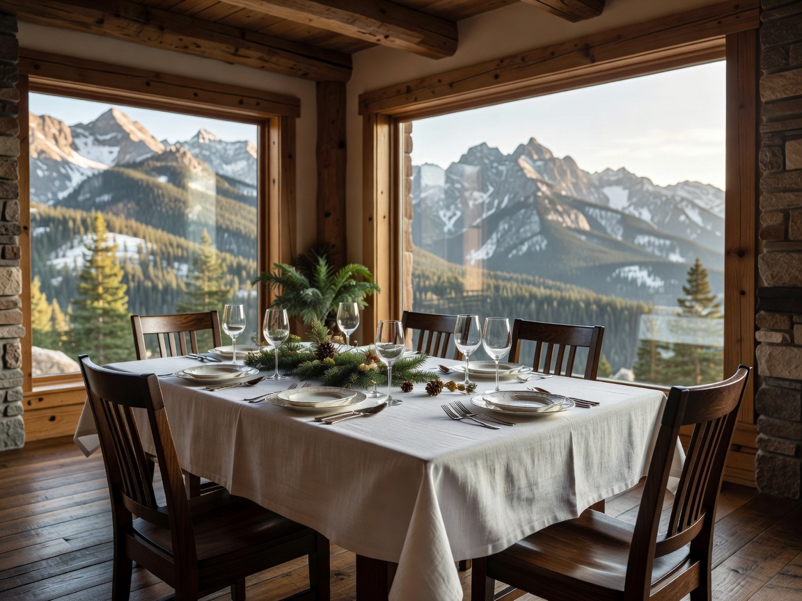 Elegant mountain dining environment with a set table in the lodge
