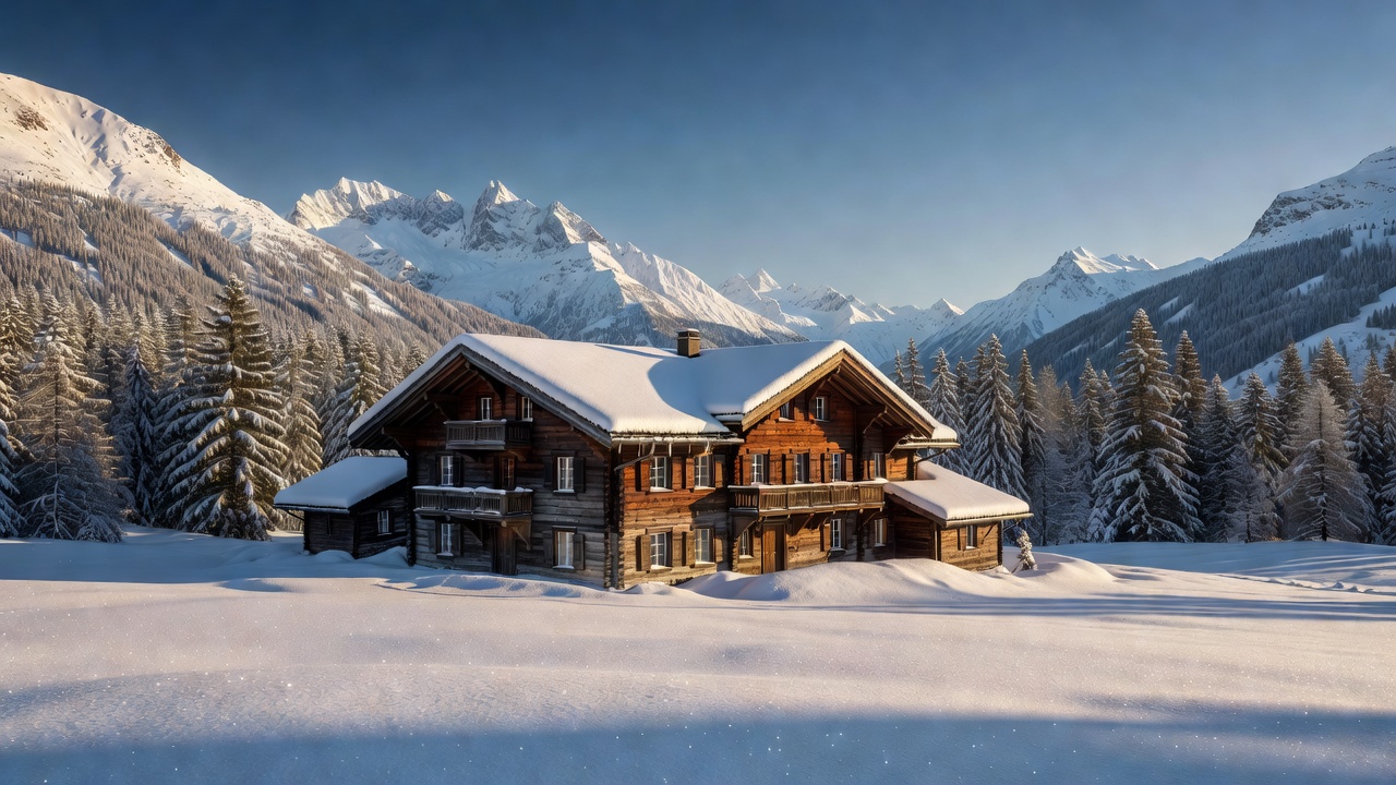 Exterior view of a real Swiss mountain lodge surrounded by alpine scenery